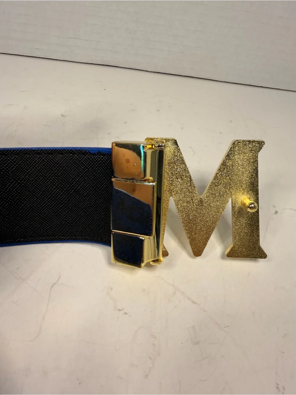 MCM Claus Reversible Belt with Blue Pebbled Leather and Gold-Tone M Buckle